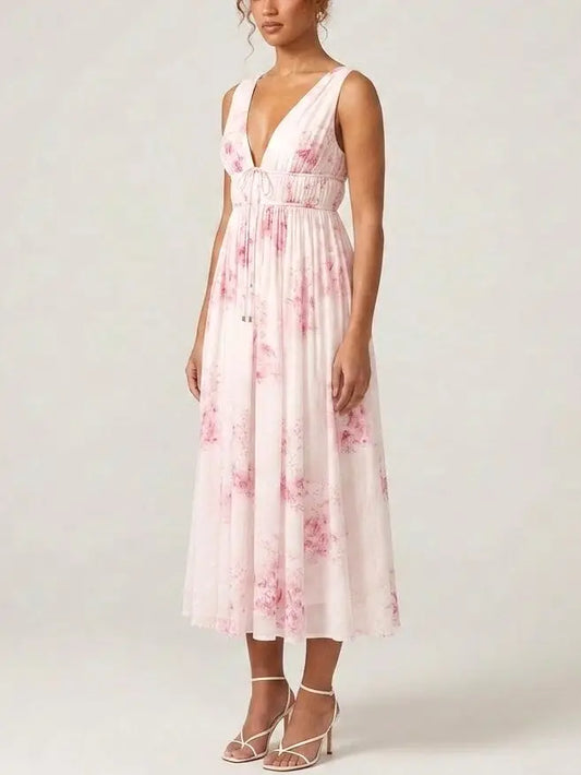 Pink Floral Cotton Voile Midi Dress - Dresses