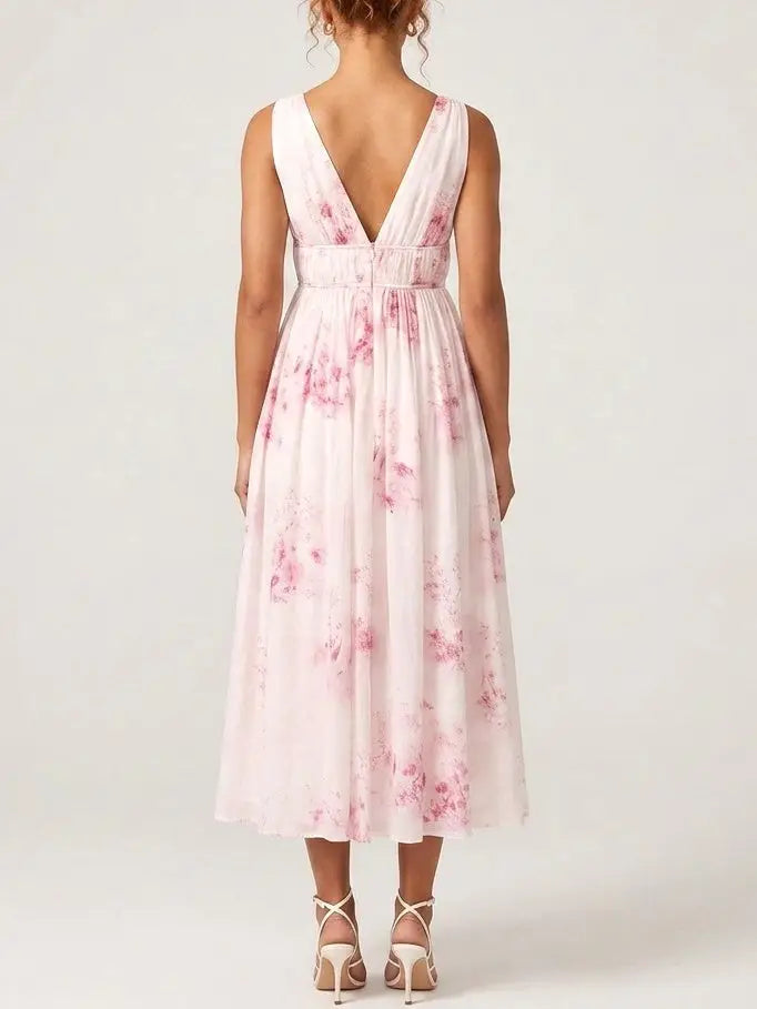 Pink Floral Cotton Voile Midi Dress - Dresses