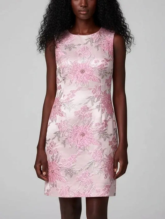 Pink Floral Jacquard Shift Dress with Beaded Detail - S - Dresses