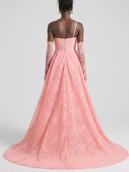 Pink Floral Lace Corset Maxi Dress with Draped Overskirt - Dresses