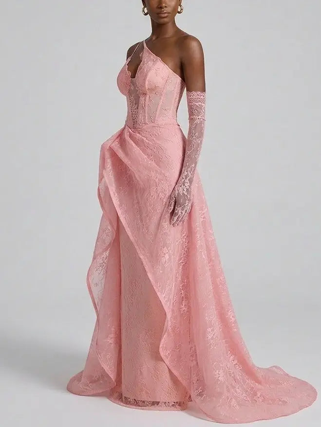 Pink Floral Lace Corset Maxi Dress with Draped Overskirt - Dresses
