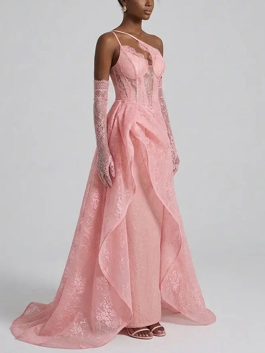Pink Floral Lace Corset Maxi Dress with Draped Overskirt - Dresses
