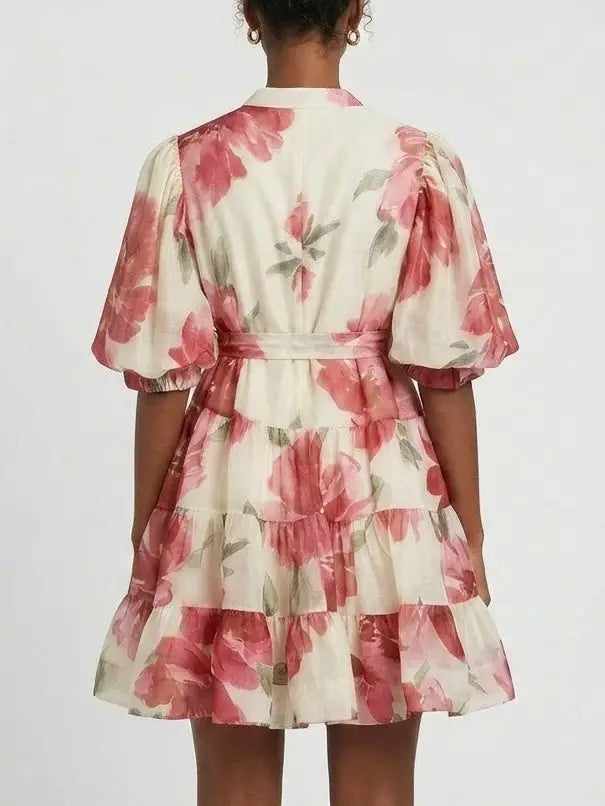Pink Floral Tiered Mini Dress - Dresses