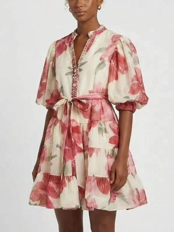 Pink Floral Tiered Mini Dress - Dresses