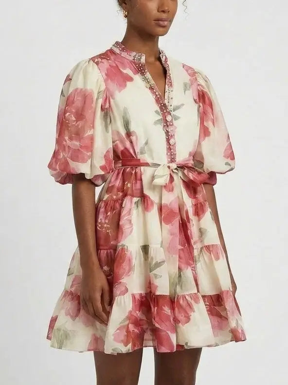 Pink Floral Tiered Mini Dress - Dresses