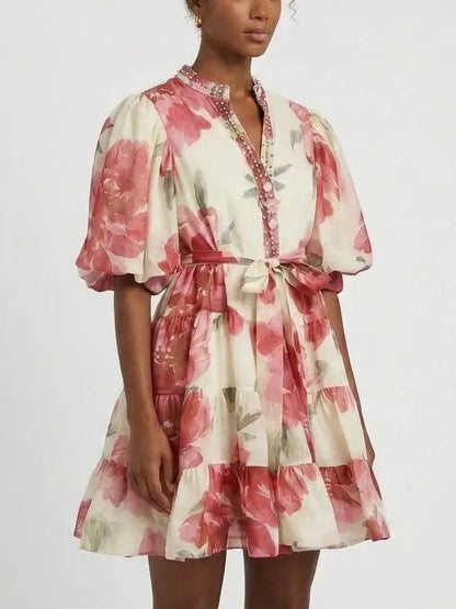 Pink Floral Tiered Mini Dress - Dresses