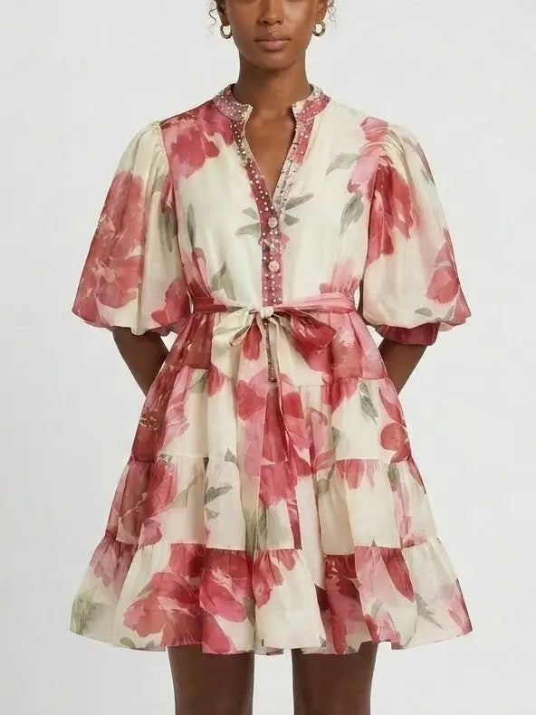 Pink Floral Tiered Mini Dress - Dresses
