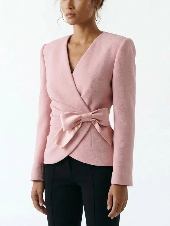Pink Gathered Blazer with Satin Bow - Jackets