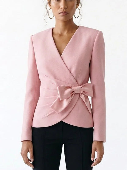 Pink Gathered Blazer with Satin Bow - Jackets