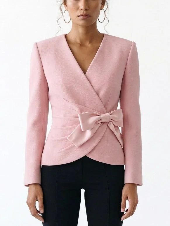 Pink Gathered Blazer with Satin Bow - Jackets
