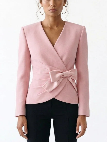 Pink Gathered Blazer with Satin Bow - Jackets