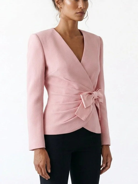 Pink Gathered Blazer with Satin Bow - Jackets