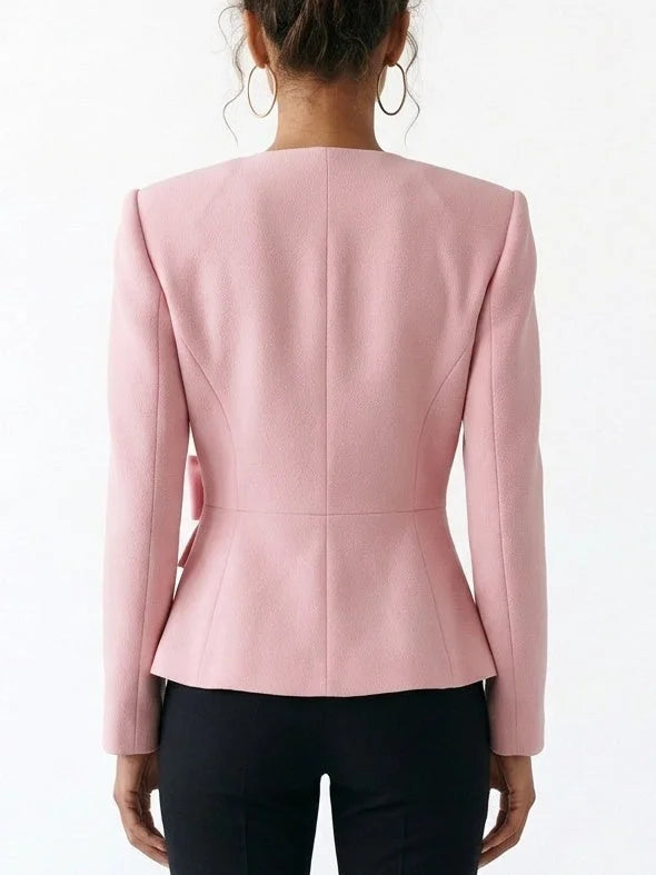 Pink Gathered Blazer with Satin Bow - Jackets