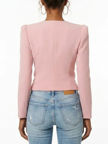 Pink Gathered Cropped Jacket with Bow Details - Jackets