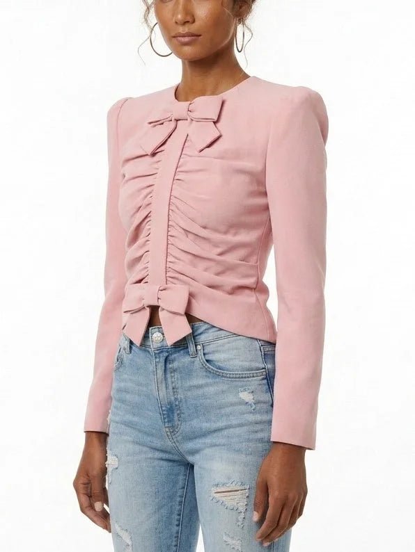 Pink Gathered Cropped Jacket with Bow Details - Jackets