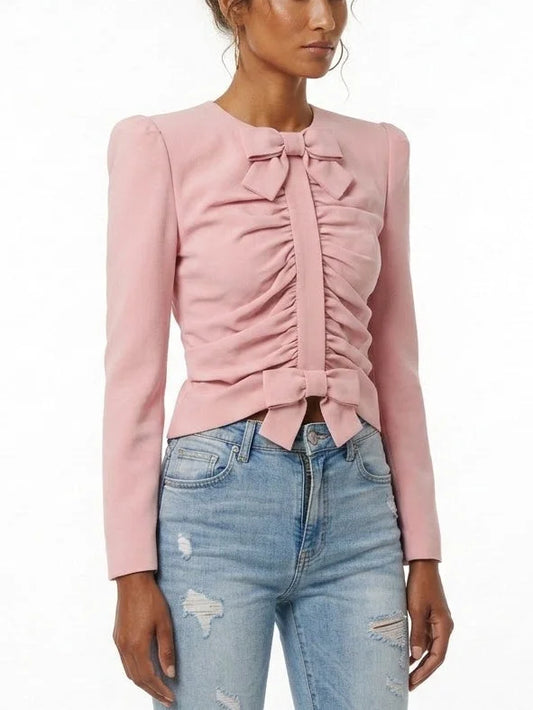 Pink Gathered Cropped Jacket with Bow Details - Jackets