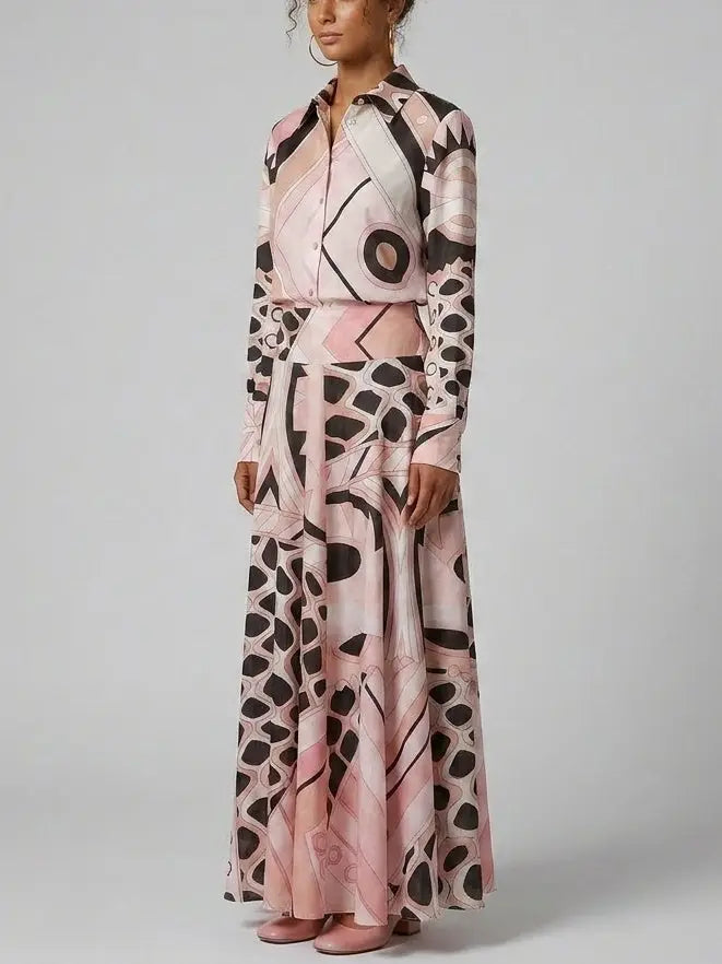 Pink Geometric Print Blouse and Maxi Skirt Set - Suits & Sets