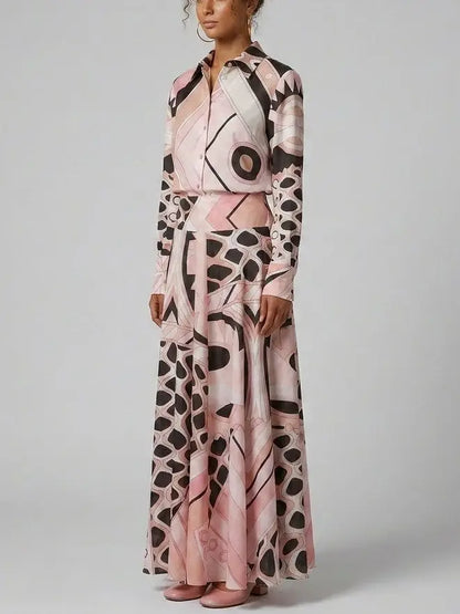 Pink Geometric Print Blouse and Maxi Skirt Set - Suits & Sets