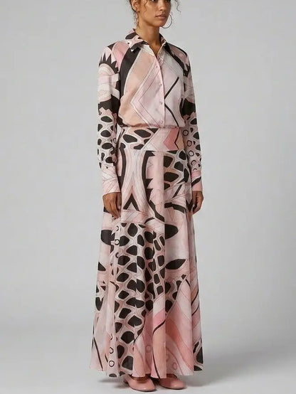 Pink Geometric Print Blouse and Maxi Skirt Set - Suits & Sets