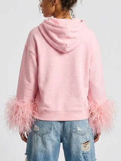 Pink Hoodie with Feather Trim Cuffs - Tops