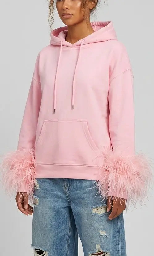 Pink Hoodie with Feather Trim Cuffs - Tops