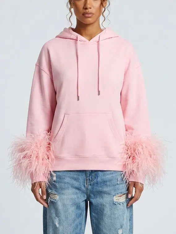 Pink Hoodie with Feather Trim Cuffs - Tops