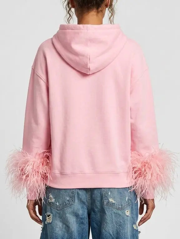 Pink Hoodie with Feather Trim Cuffs - Tops