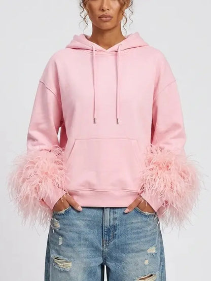 Pink Hoodie with Feather Trim Cuffs - Tops
