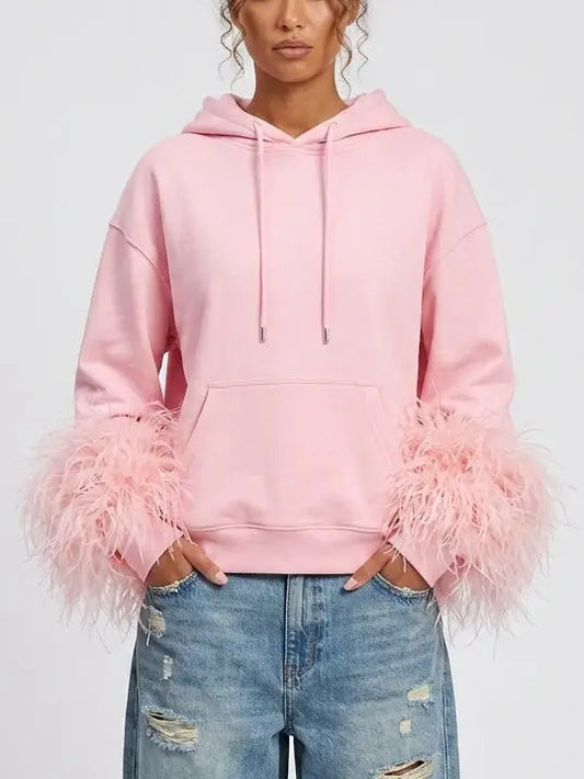 Pink Hoodie with Feather Trim Cuffs - Tops