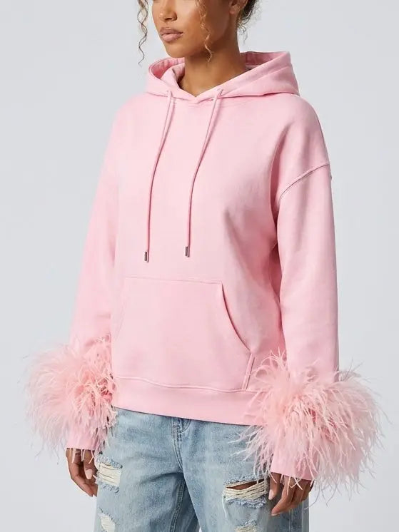 Pink Hoodie with Feather Trim Cuffs - Tops