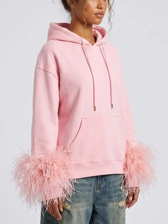 Pink Hoodie with Feather Trim Cuffs - Tops