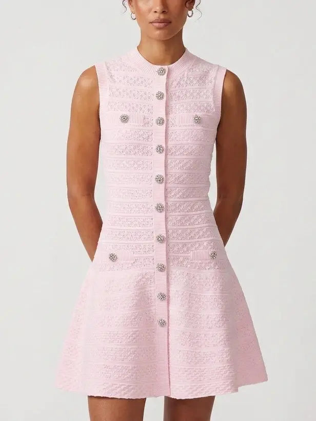 Pink Paneled Knit Button Front Mini Dress - Dresses