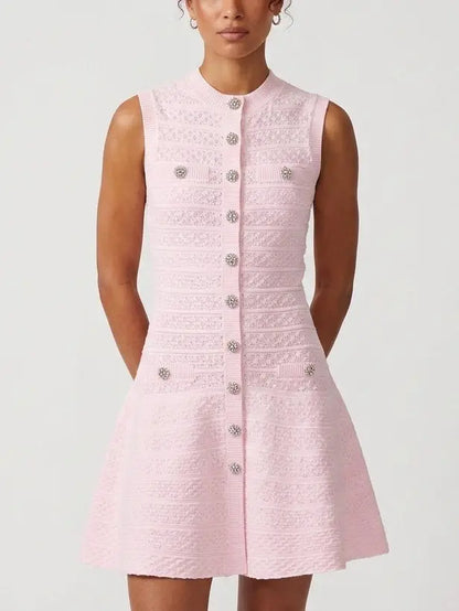 Pink Paneled Knit Button Front Mini Dress - Dresses