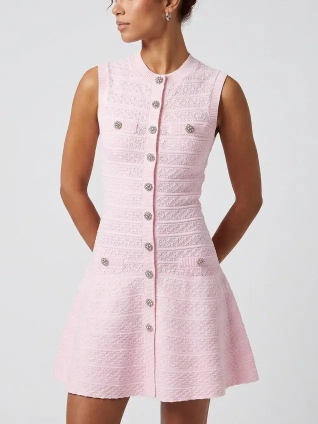 Pink Paneled Knit Button Front Mini Dress - Dresses