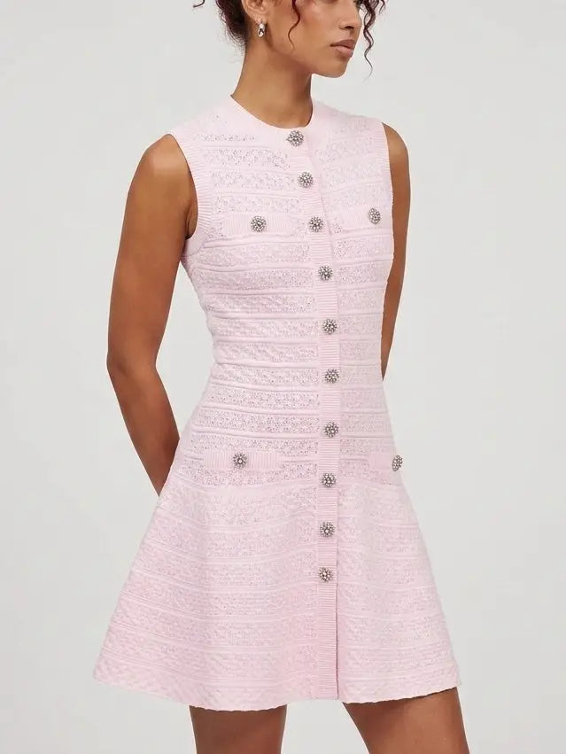 Pink Paneled Knit Button Front Mini Dress - Dresses