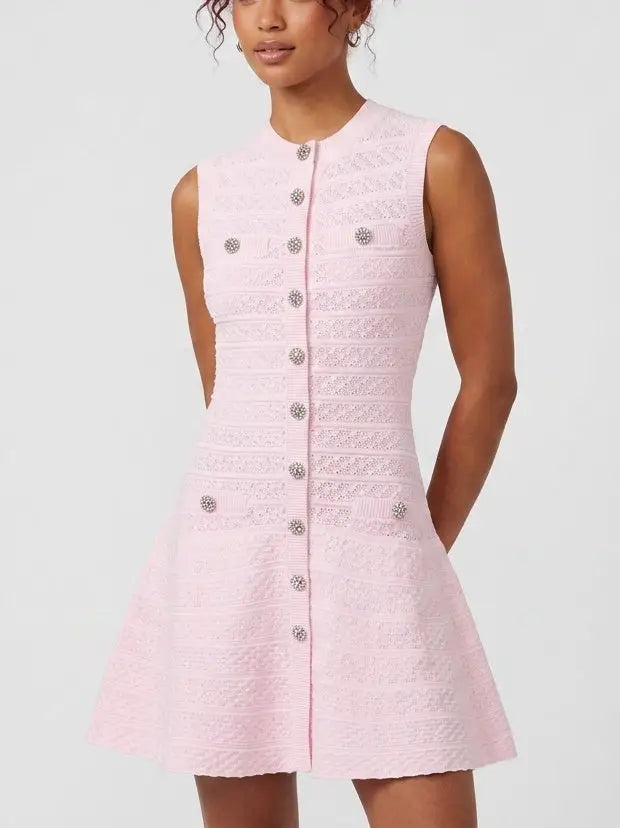Pink Paneled Knit Button Front Mini Dress - Dresses
