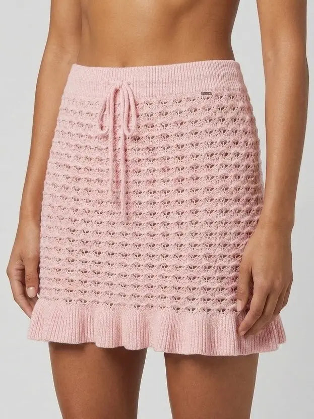 Pink Pointelle Knit Ruffle Mini Skirt - Skirts