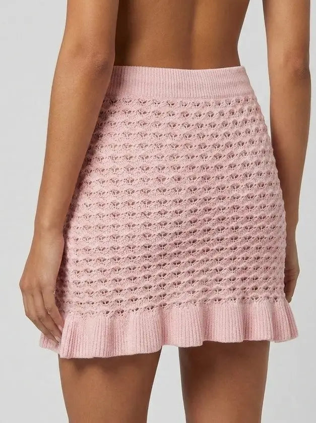 Pink Pointelle Knit Ruffle Mini Skirt - Skirts