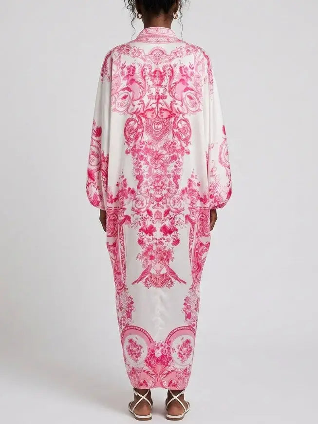 Tie-Waist Print V-Neck Silk Kaftan Dress in Pink Shades - One size - Dresses