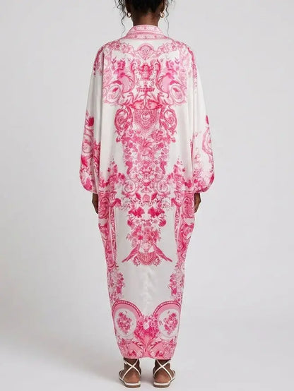Tie-Waist Print V-Neck Silk Kaftan Dress in Pink Shades - One size - Dresses