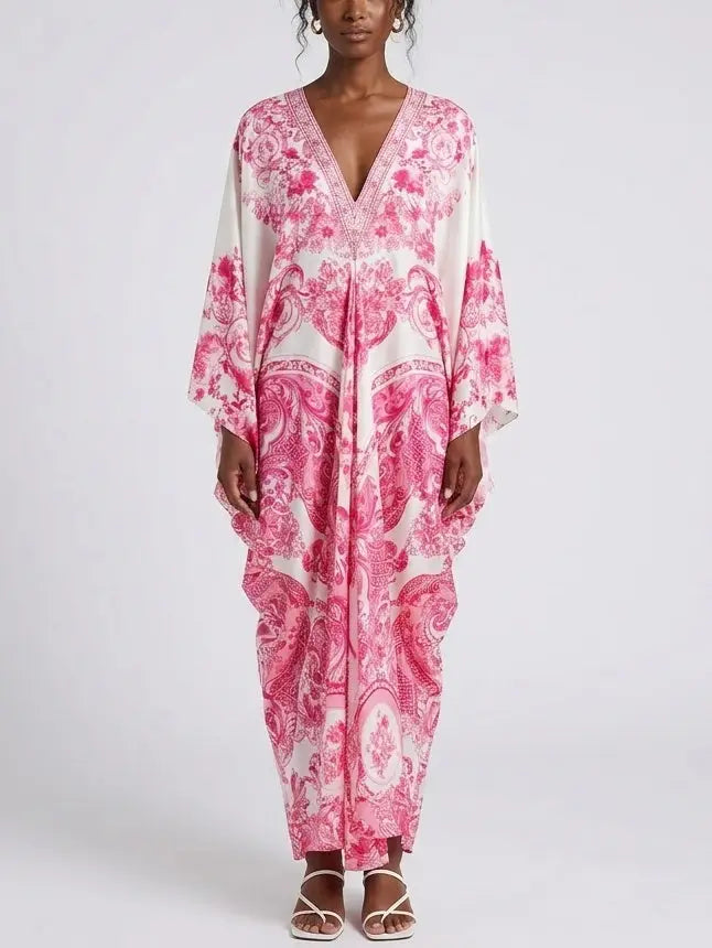 Tie-Waist Print V-Neck Silk Kaftan Dress in Pink Shades - One size - Dresses