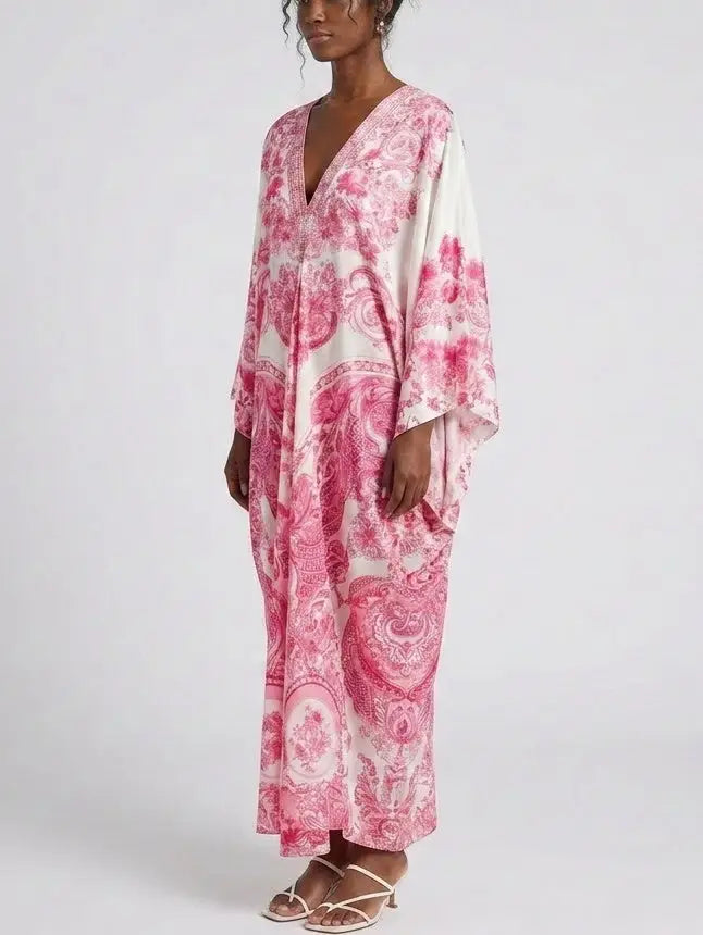 Tie-Waist Print V-Neck Silk Kaftan Dress in Pink Shades - One size - Dresses
