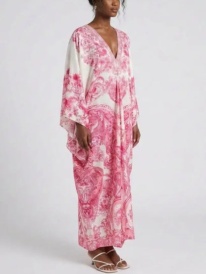 Tie-Waist Print V-Neck Silk Kaftan Dress in Pink Shades - One size - Dresses