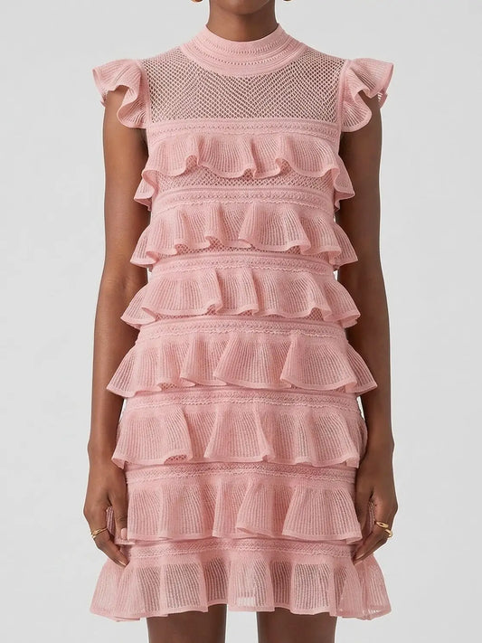 Pink Ruffled Mesh Knit Mini Dress - Dresses