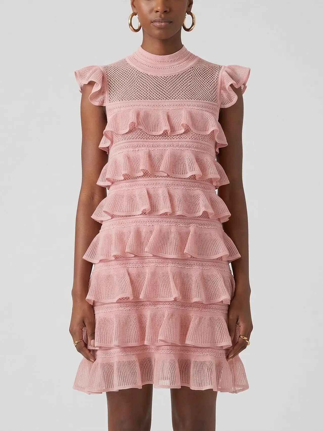 Pink Ruffled Mesh Knit Mini Dress