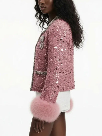 Pink Sequin Tweed Jacket with Fur Cuffs - Jackets