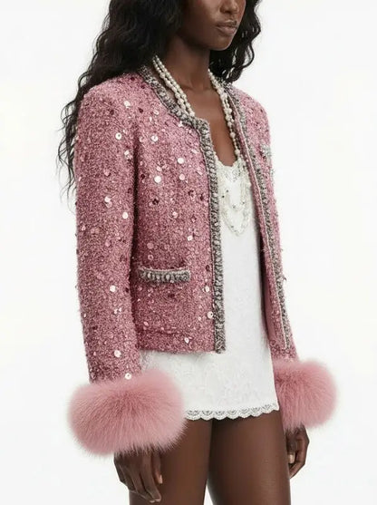 Pink Sequin Tweed Jacket with Fur Cuffs - Jackets
