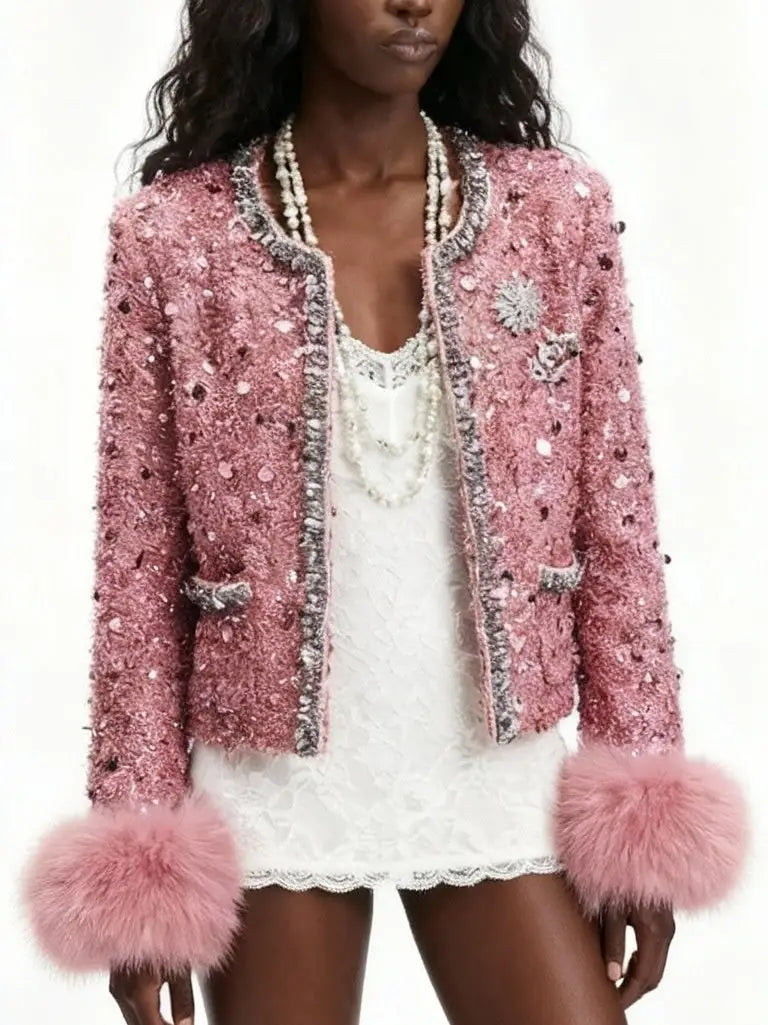 Pink Sequin Tweed Jacket with Fur Cuffs - Jackets