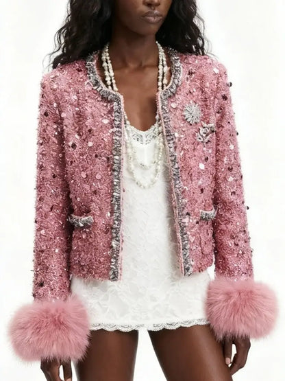 Pink Sequin Tweed Jacket with Fur Cuffs - Jackets
