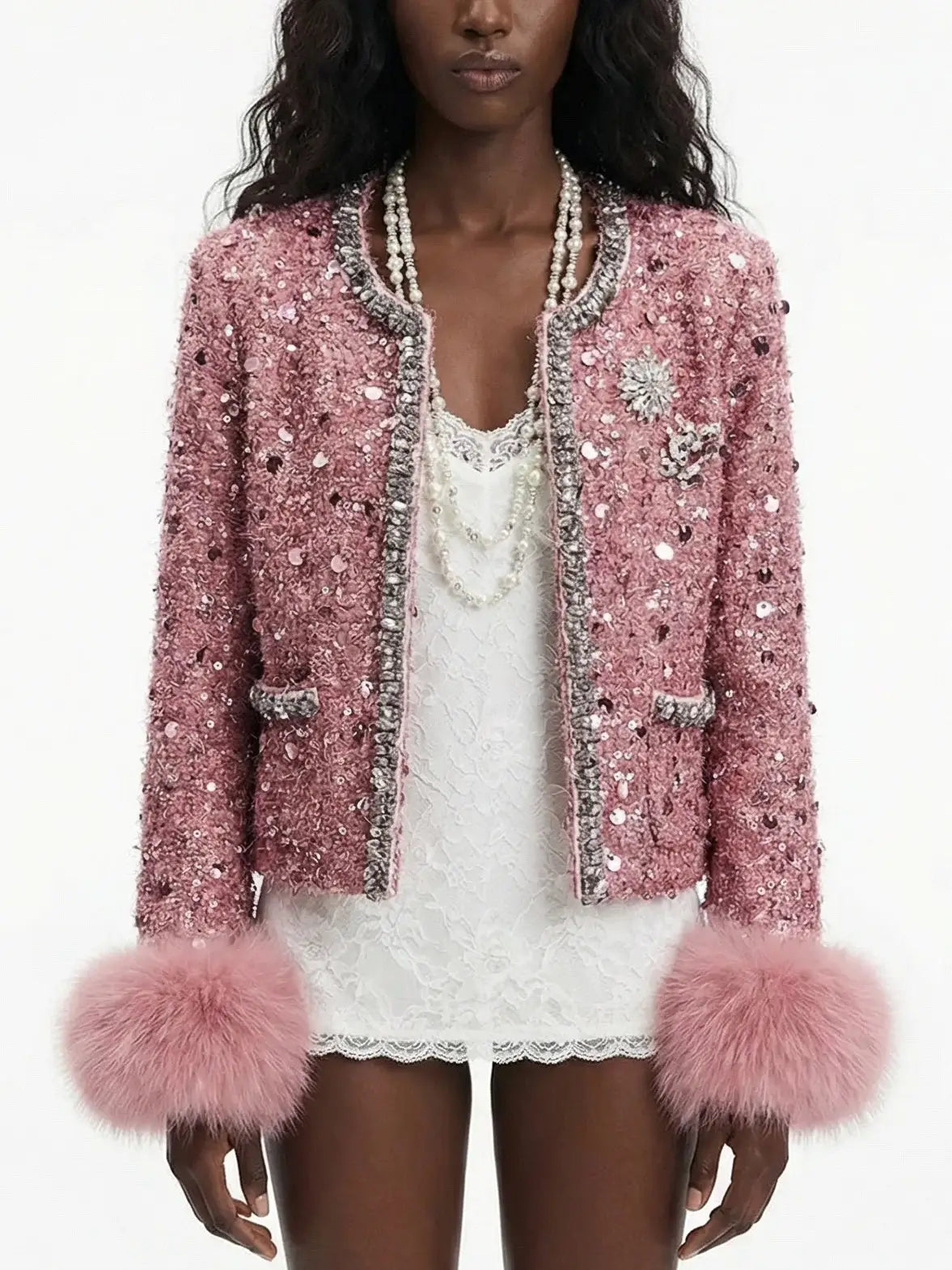 Pink Sequin Tweed Jacket with Fur Cuffs - Jackets